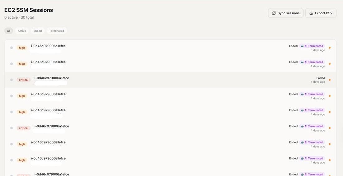 Korvalis dashboard showing live sessions automatically terminated